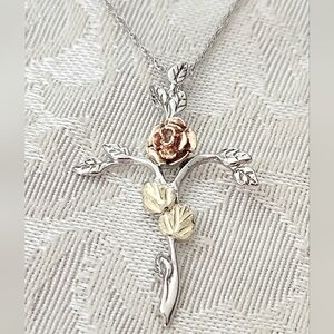 Landstrom's RGC 12K BLACK HILLS GOLD Sterling Silver Carved Rose Cross Necklace!